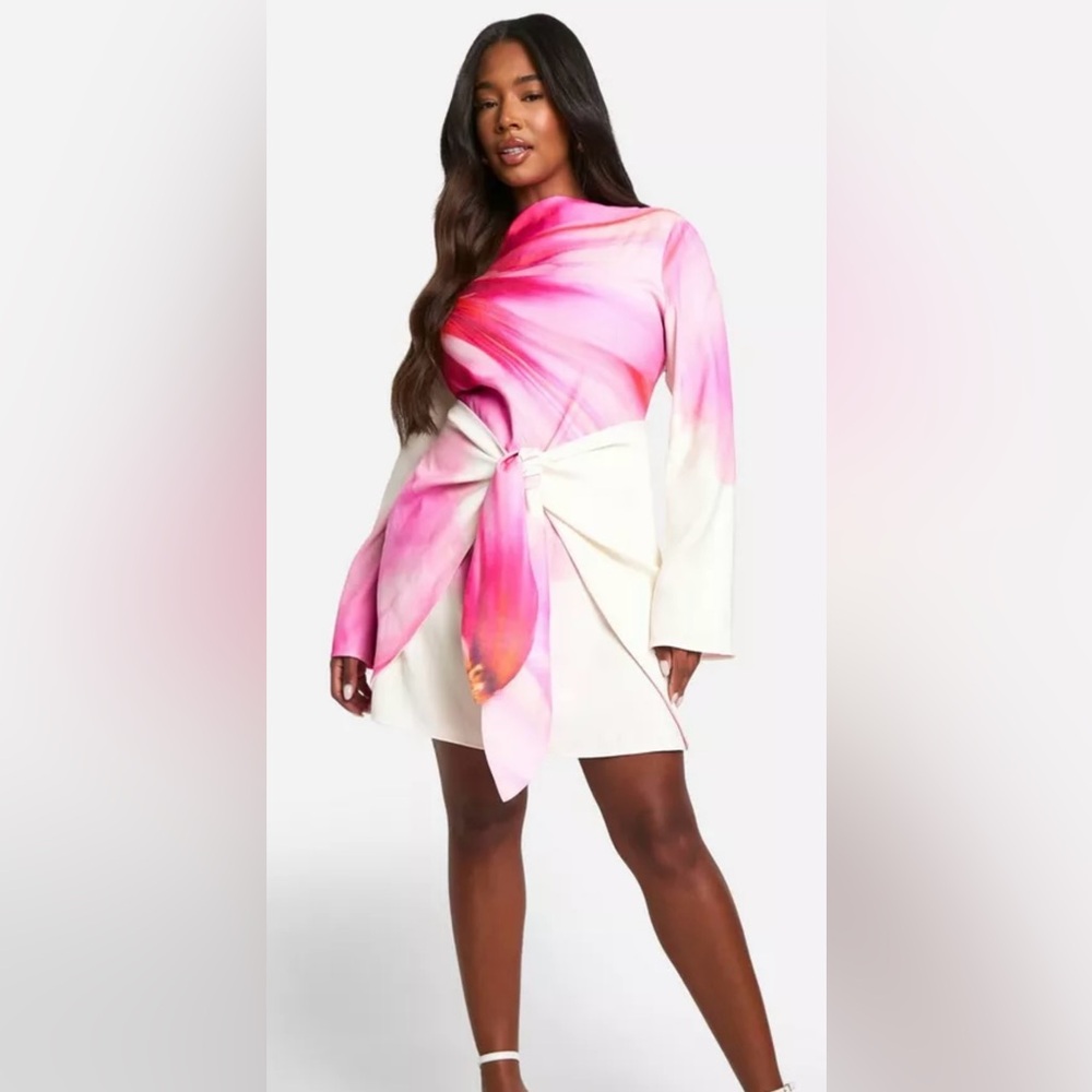 Plus Size Long sleeve Pink/White Dress
